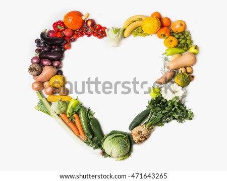 Heart, healty. Fruits and vegetables are heart healthy. Heart of vegetables and fruits. The concept of healthy, fresh food. Healthy food background