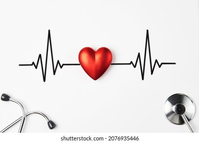 Heart and Heartbeat on a white background with copy space. Stethoscope heart cardiogram. Pulse beat measure. Medical healthcare concept - Shutterstock ID 2076935446