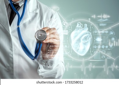 Heart hologram and doctor, heart disease. Health care of the future. Modern Medical Science, Hi Tech Diagnostic Panel. Mixed medium, copy space