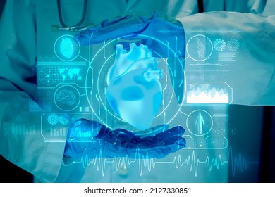 Heart Hologram And Doctor, Heart Disease. Health Care Of The Future. Modern Medical Science, Hi Tech Diagnostic Panel. Mixed Medium, Copy Space