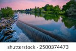 The Heart of Idaho Falls over the Snake River Waterfront in Bonneville County, Idaho, USA: The beauty of the waterfalls flowing through the center of town