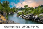 The Heart of Idaho Falls over the Snake River Waterfront in Bonneville County, Idaho, USA: The beauty of the waterfalls flowing through the center of town