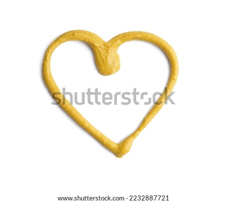 Heart made of mustard isolated on white, top view. Spicy sauce