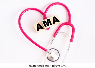 A Heart Made Out Of A Stethoscope And Wooden Cubes With Letters AMA American Medical Association On White Background