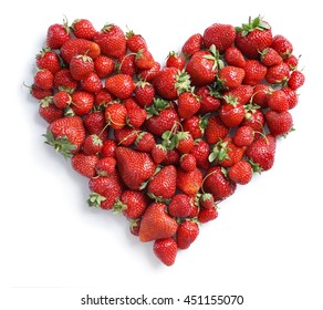 Heart made from strawberry, isolated on white background. Fruits diet concept. Top view, high resolution product.