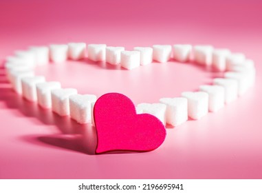 Heart Made Of Sugar Cube Hearts On Pink Background, Selective Focus