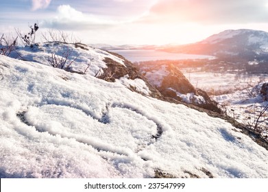Heart On The Snow. Winter Landscape In The Mountain At Sunset