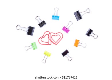 Heart Paperclips In Center Surround With Multicolored Paperclip Binders.