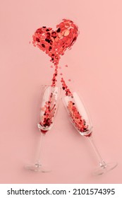 A Heart Of Pink Confetti, A Splash Of Champagne Over The Glasses. Pink Valentine Splashes Of Champagne