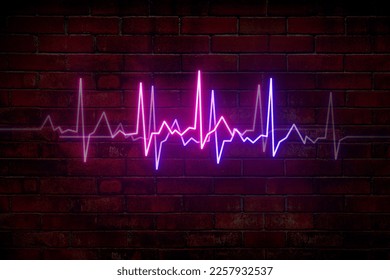 Heart rate on the background of an old brick wall. Life line. Health concept. Neon cardiogram pink with blue. Love. Beating in unison.