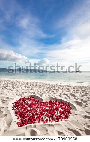 Heart of roses petals on tropical sandy beach. Nobody. Love concept