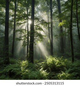 In the heart of a serene misty forest, towering ancient trees stretch their gnarled limbs skyward, their verdant canopies softened by a delicate veil of mist. - Powered by Shutterstock