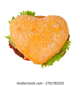Hamburger in Form von Hechtform, Liebesburger Fastfood-Konzept einzeln auf weißem Hintergrund, Draufsicht auf flachem Hintergrund