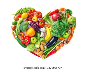 Heart Shape By Various Vegetables And Fruits. Healthy Food Concept. Isolated On White Background