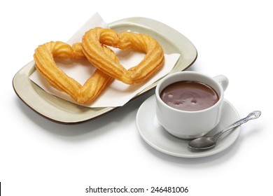 Heart Shape Churros And Hot Chocolate On White Background, Spanish Breakfast