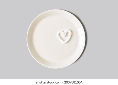 Heart Shape Cream. Beauty Lotion. Mayonnaise Smear On White Plate. Top View With Copyspace. White Product Smear. Valentine Concept