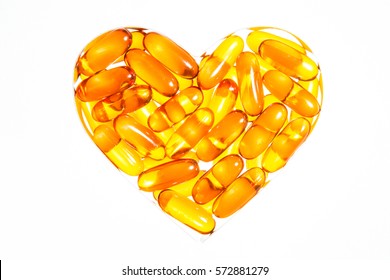 heart shape of Fish oil, soft capsule, omega, supplement  isolated on white background,healthy product concept