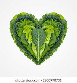 Heart shape formed by layered fresh green leafy vegetables on white background