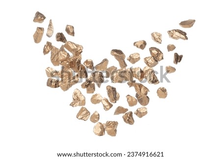 Heart shape Gold ore nugget fly fall from Mining float in air. Many pieces Golden nugget ore explosion with stone gravel in gold Mining industry. White background Isolated throwing freeze stop motion