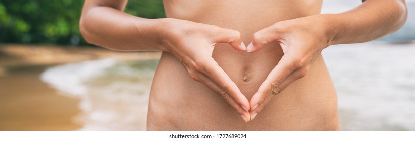 Heart Shape Hands On Healthy Stomach Woman Banner Panoramic. Early Pregnancy, Probiotic Digestion, Healthy Gut Health.