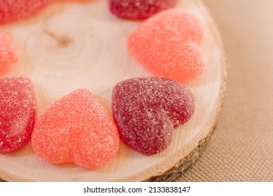 Heart shape jelly sugar candies with selective focus. 