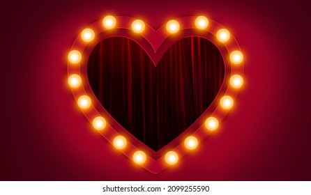 Heart Shape And Light Bulb, Broadway Theatre, Red Curtain In The Background.