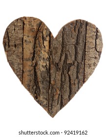 heart shape made of bark and wood, isolated on white