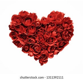 Heart Shape Made Of Red Roses Isolated On White Background