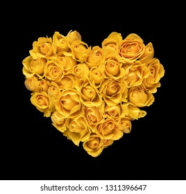 Heart shape made of yellow roses isolated on black background