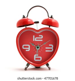 Heart Shape Red Clock With Bell On White Background