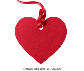 Heart Shape Valentine Gift Tag Or Card With Red Ribbon Isolated On A White Background.  Space For Copy.