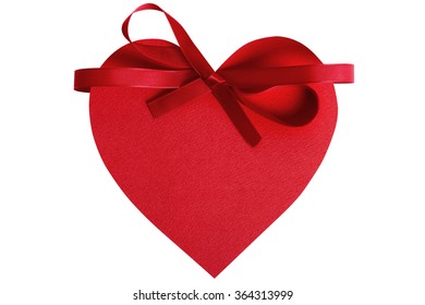 Heart Shape Valentine Gift Tag, Red Ribbon Decoration, Isolated On White 