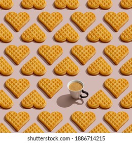 Heart shaped  belgian waffles and a cup of coffee on pink background. Seamless pattern. Happy Valentine's Day.