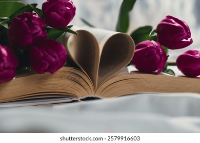 Heart shaped book pages for romantic love greeting card template. Fresh bouquet of pink tulip flowers. Gift present idea for holiday birthday 8 March Mother's Day Valentine's day Women's Day