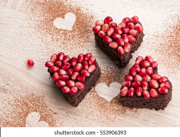 Heart Shaped Brownie Cake With Pomegranate Seeds - Valentines Day Food Background, Blank Space For Recipe Text Or Wedding Invitation