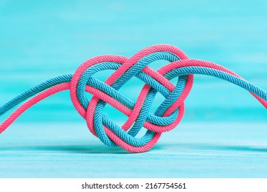 Heart shaped celtic knot made from two intertwined braided cords on blue background. Life cycle concept.