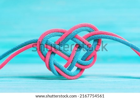 Heart shaped celtic knot made from two intertwined braided cords on blue background. Life cycle concept.