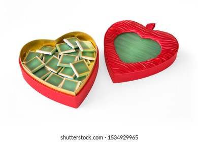 Heart Shaped Chocolate Box For Special Days, Valentines. Empty Chocolate Box And Labels