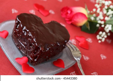 Heart Shaped Chocolate Cake And Rose