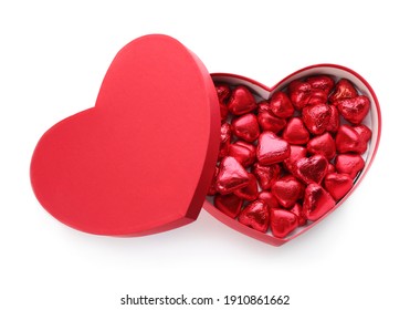 Heart Shaped Chocolate Candies In Box On White Background, Top View