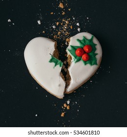 Heart Shaped Christmas Cookie, Broken In Half. Flat Lay Love Concept.