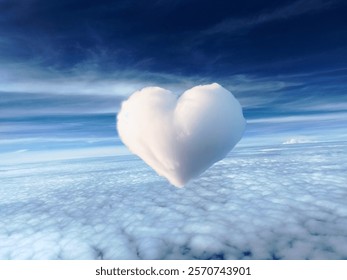 Heart shaped cloud between two clouds on blue sky background