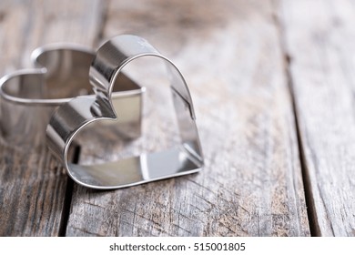 Heart Shaped Cookie Cutter On Wooden Table, Valentines Day Baking Concept