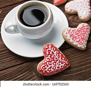 Heart Shaped Cookies Baked On Valentines Day And A Cup Of Coffee