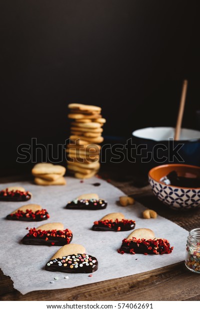 Heart Shaped Cookies On Baking Paper Stock Image Download Now