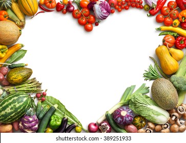 Heart Shaped Food. Food Photography Of Heart Made From Different Fruits And Vegetables Isolated White Background. Copy Space. High Resolution Product