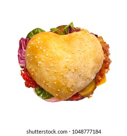 Heart Shaped Hamburger, Love Burger Fast Food Concept, Isolated On White Background, Top View