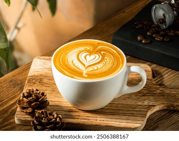 Heart Shaped Latte Art in a White cup with coffee beans isolated on wooden table side view of taiwan baked food - Powered by Shutterstock