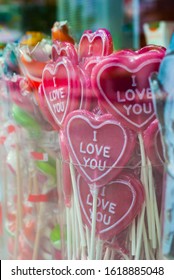 Heart Shaped Lollipops On Display In A Candy Shop Window For Valentine’s Day. 