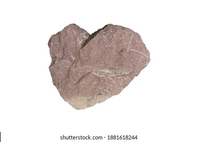 Heart shaped red limestone with quartz vein stone isolated on white background.